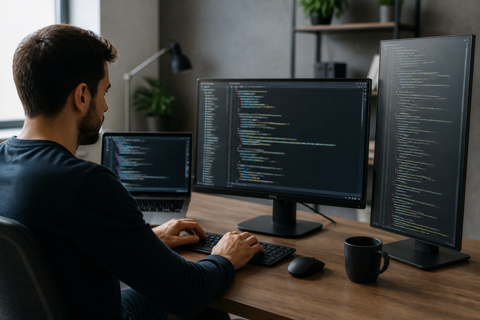 WordPress Nécessite-t-il des Compétences en Programmation ? La Vérité 3 Un développeur écrivant du code PHP sur plusieurs écrans d'ordinateur