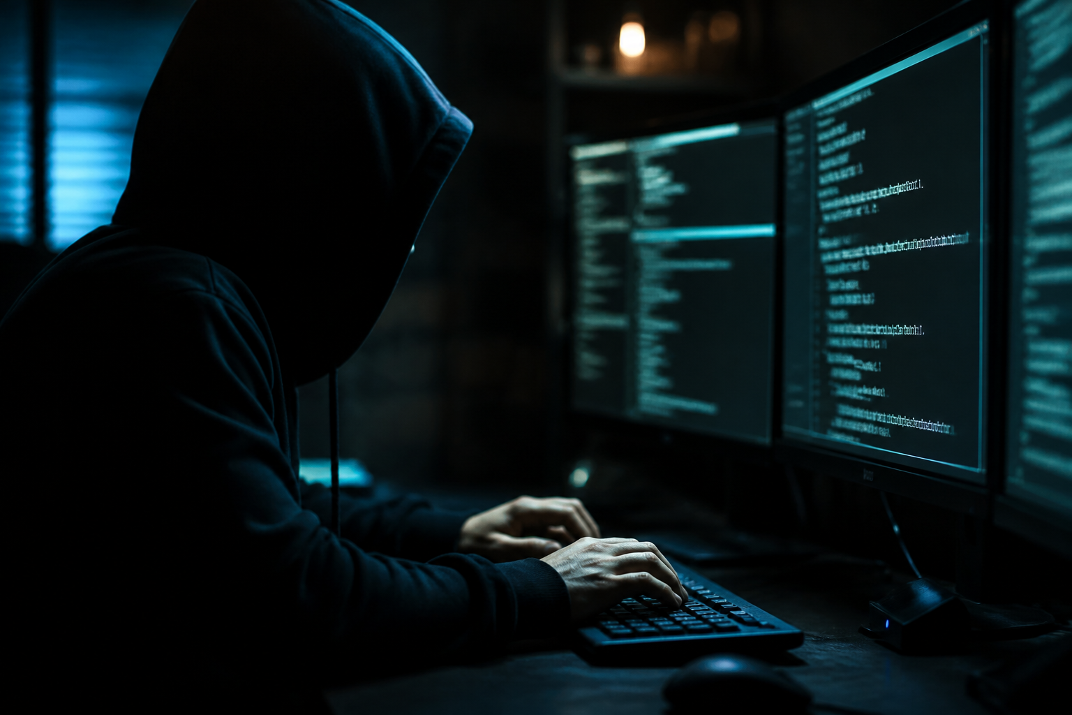 Comment Sécuriser un Site WordPress Gratuitement : 10 Erreurs à Éviter 2 Personne tapant sur un clavier dans une pièce sombre évoquant une tentative de piratage informatique
