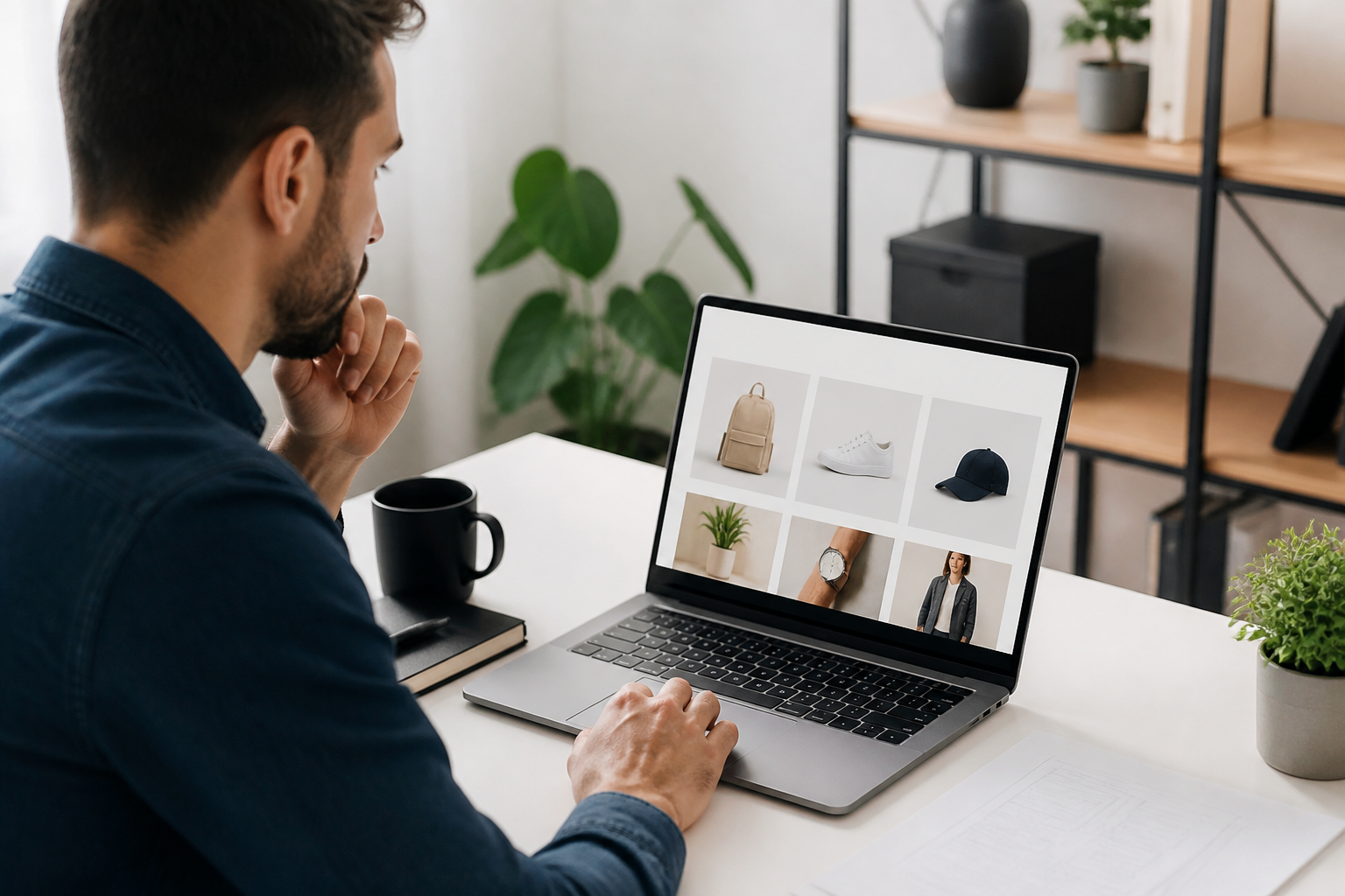 WordPress ou Shopify : Lequel Choisir pour Vendre en Ligne ? 1 Entrepreneur consultant une boutique en ligne sur son ordinateur portable pour comparer des plateformes e-commerce