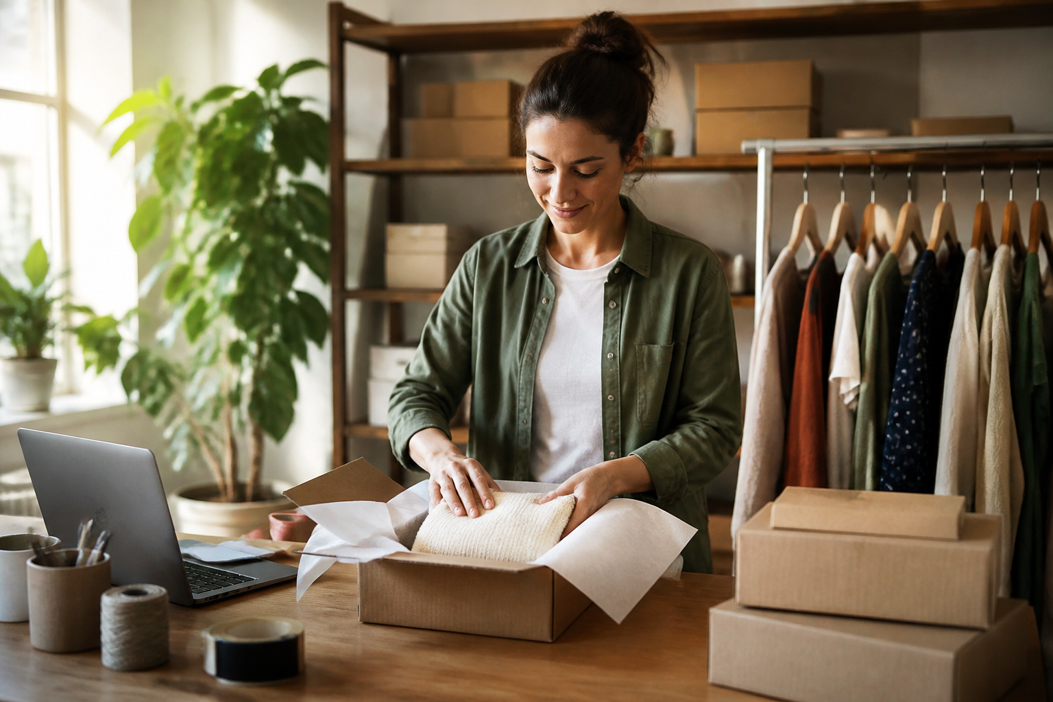 WordPress ou Shopify : Lequel Choisir pour Vendre en Ligne ? 4 Commerçant préparant des commandes de produits dans une petite boutique en ligne