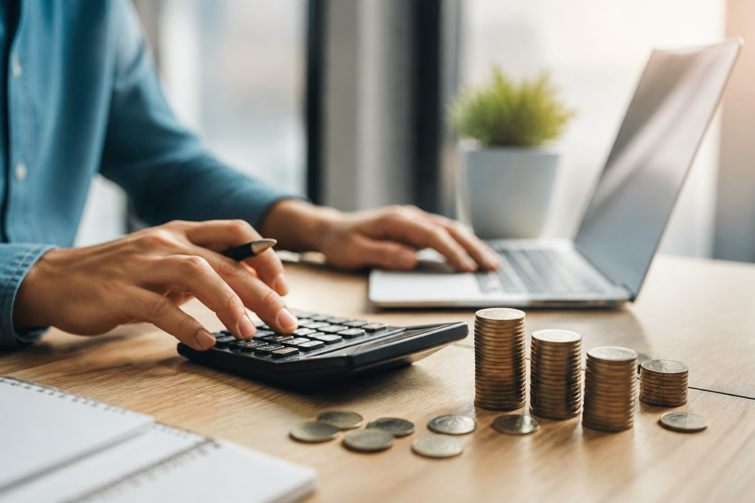 Calculatrice et pièces de monnaie symbolisant le budget d'un site professionnel