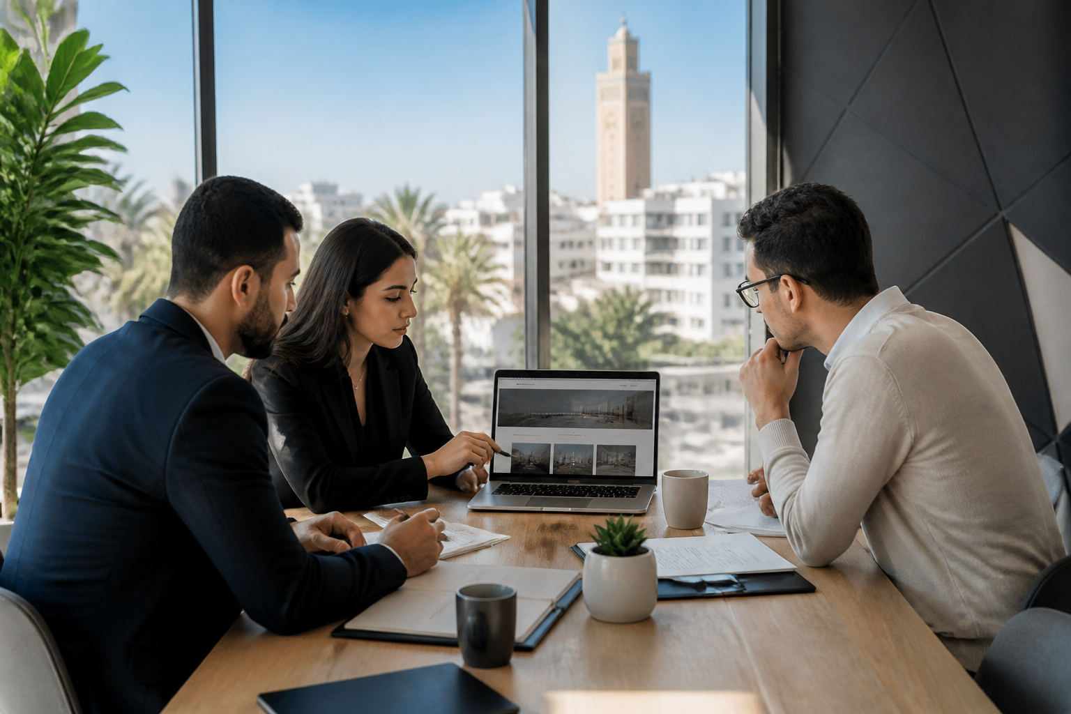 Équipe professionnelle discutant d'un projet de site web dans un bureau moderne