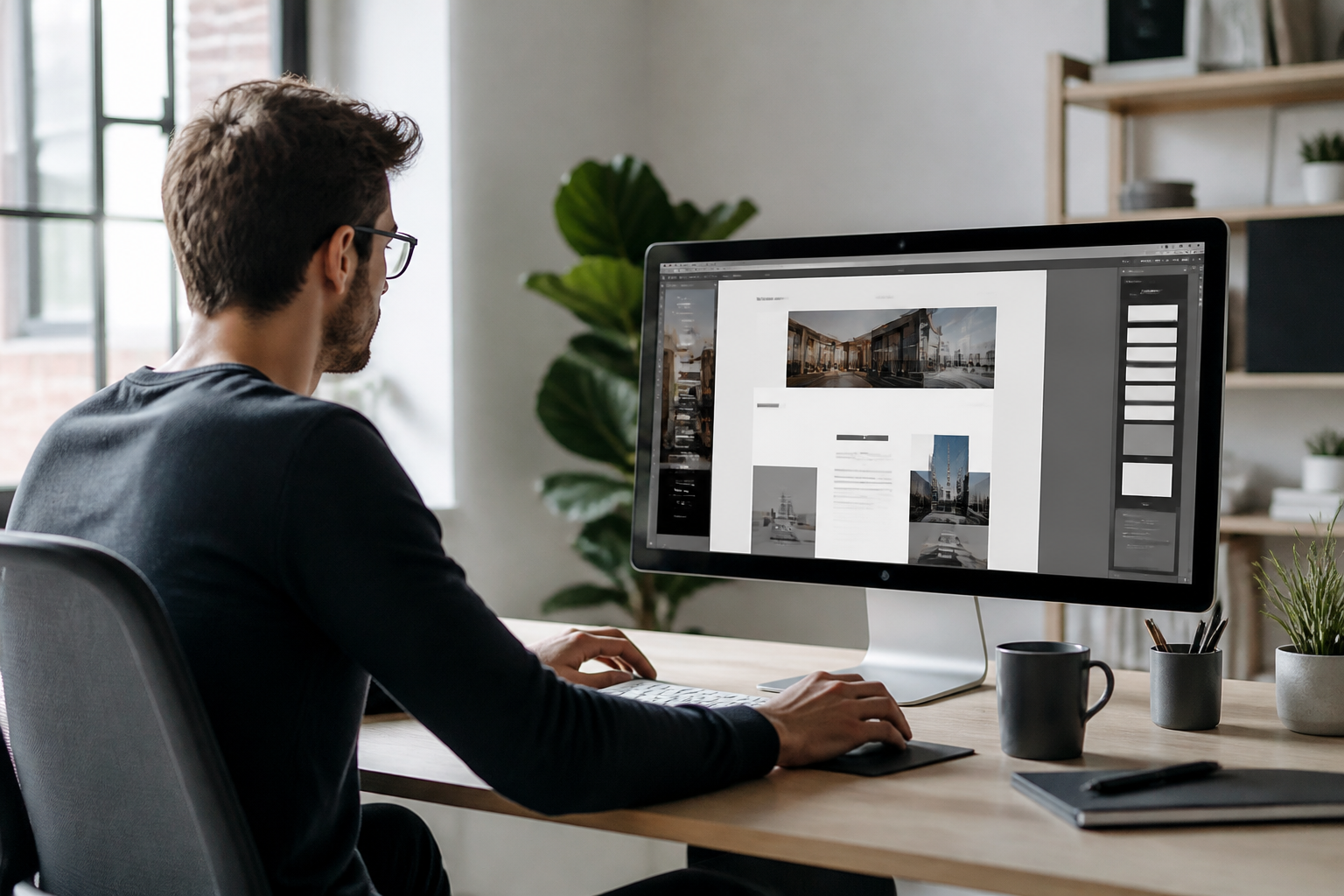 Meilleur Plugin de Cache WordPress Gratuit pour Accélérer son Site 4 Designer travaillant sur la mise en page d'un site web depuis son ordinateur