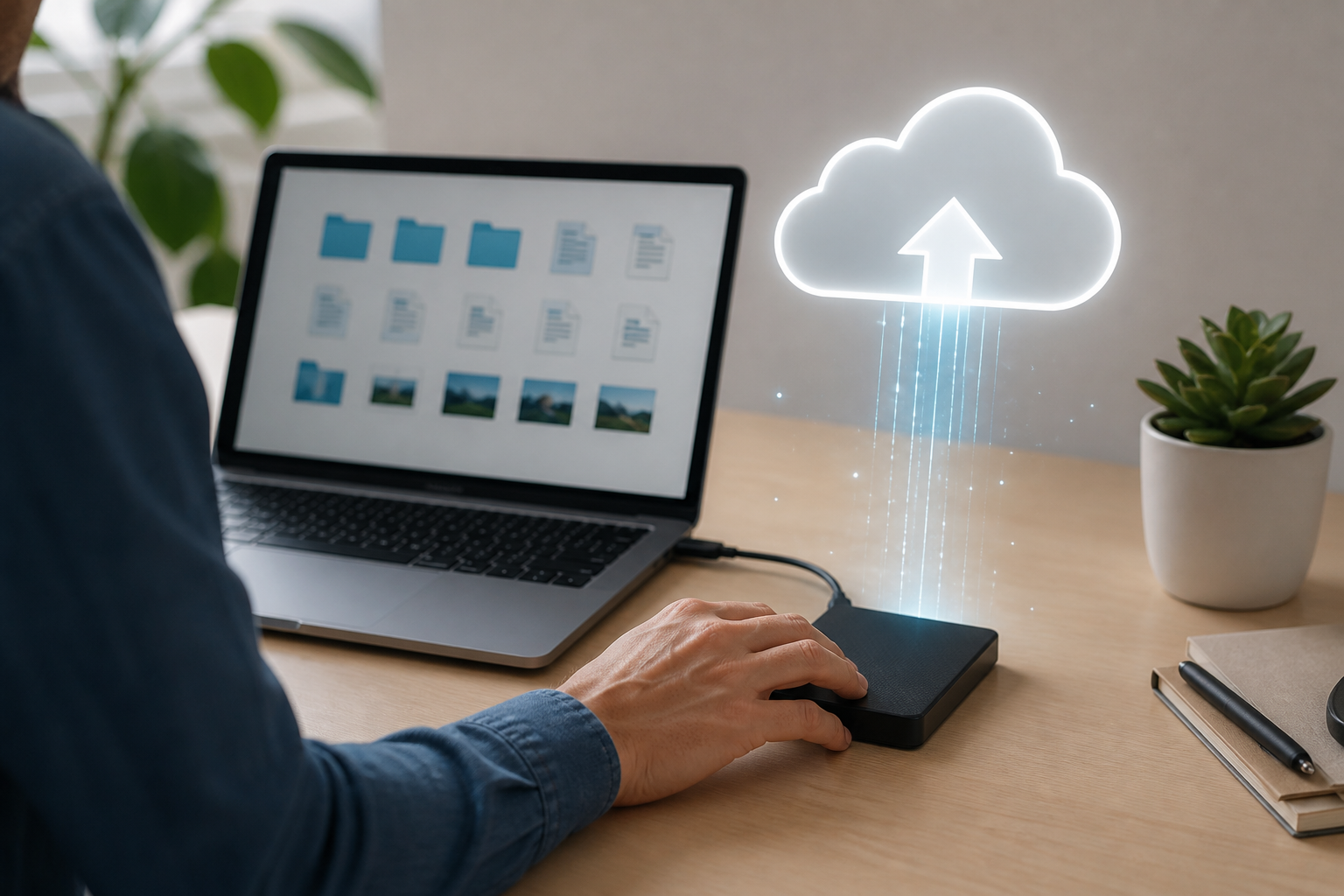 Personne sauvegardant des fichiers et données sur un espace cloud avant transfert