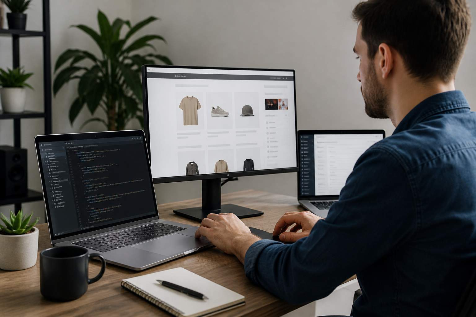 Comment Créer une Boutique en Ligne WordPress avec WooCommerce Gratuitement 2 Développeur configurant un site e-commerce sur plusieurs écrans
