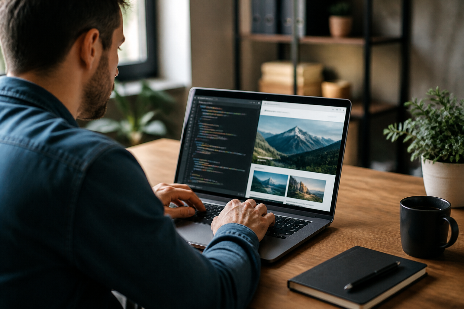 WordPress Nécessite-t-il des Compétences en Programmation ? La Vérité 1 Une personne travaillant sur du code et une interface de site web sur un ordinateur portable